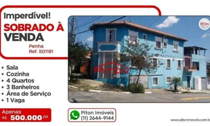 Sobrado com 4 dormitórios à venda, 250 m² por R$ 500.000,00 - Penha - São Paulo/SP