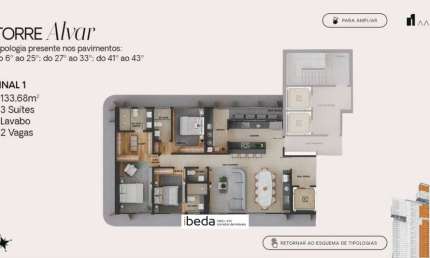 ibeda - Aalto apartamento Tirol Sala gourmet, cozinha, 3 suite, lavabo 3v 133m2