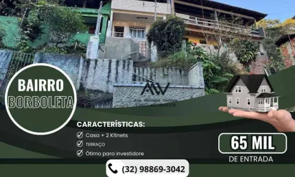 Casa com 2 kitnets, 3 dormitórios ao todo, à venda, 150 m² por r$ 65.000 de entrada- borboleta - juiz de fora/mg