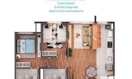Apartamento de 2 dormitórios, suíte e espera para churrasqueira ou lareira.