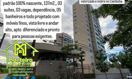 Espetacular apto alto padrão 100% nascente e epoejtado móveis finos área no Cambeba