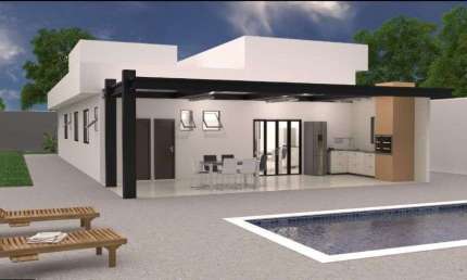 Casa linear, com arquitetura moderna, alto padrão de acabamento, 227m2 de área construída e ampla área externa em lote de 1060m2