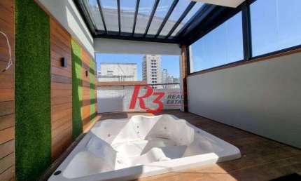 Espetacular penthouse à venda na Pompéia, Santos, 1 quadra e meia da orla, com 3 dorms, 1 suíte, 3 vagas, jacuzzi, churrasqueira, office, reformada!