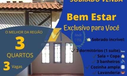 Sobrado à Venda com 100m², 3 dormitórios, 1 suíte, 1 sala e 3 vagas!!!