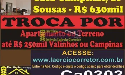 Casa para Venda em Campinas, Jardim Atibaia (Sousas), 3 dormitórios, 1 suíte, 2 banheiros, 2 vagas