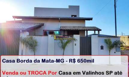 Casa à Venda em Borda da Mata MG, 180m² constr, 3 dorms (1 suíte), Piscina, Venda ou Troca Casa Maior Valor Valinhos SP