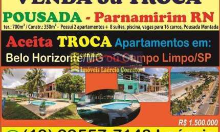 Pousada Venda bairro Cotovelo (Distrito Litoral), em Parnamirim / RN.  8 suítes, possui 9 banheiros, 17 vagas de garagem, encontra-se mobiliado, aceita permuta