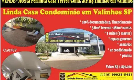 Casa Condomínio Venda em Valinhos SP, 3 suites, armários, piscina - R$ 1.890.000  Ac. Permuta casa térrea até R$ 1milhão