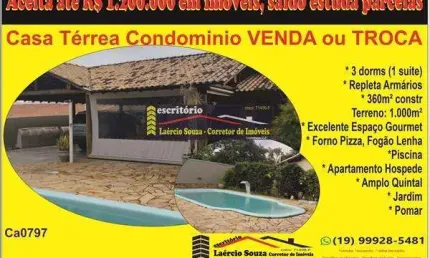 Casa Condominio Venda em Valinhos SP, R$ 1.500.000 Aceita até R$ 1.200.000 em imóveis na região metropolitana Campinas