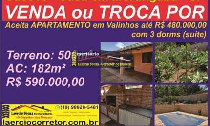 Casa Venda Em Morungaba SP,  Parque Das Estâncias, Ter.: 500,56m² E 182,37m² Constr - R$ 590.000,00 Aceita na Permuta Apto 3 dorms em Valinhos