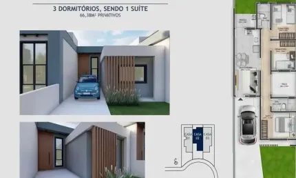 Casa geminada 3 quartos com 1 suíte e 66m² - nova palhoça