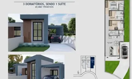 Casa geminada 3 quartos com 1 suíte e 69m² - nova palhoça