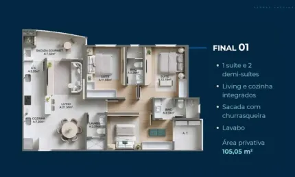 Apartamento na planta com 3 dormitórios sendo 1 suíte e 2 vagas de garagem em itajaí sc