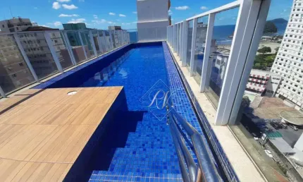 Vista lateral mar, sacada na sala, 2 dormitórios, lazer completo na cidade de santos!!!
