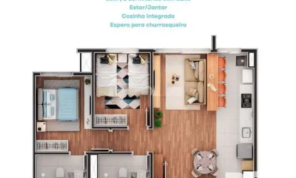 Apartamento de 2 dormitórios, suíte e espera para churrasqueira ou lareira.