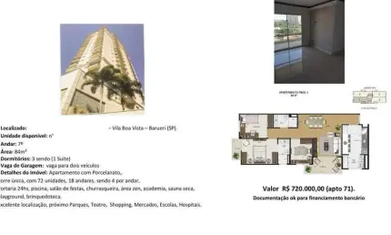 Apartamento a venda com 84m2, 3 quartos e 2 vagas - Vila Boa Vista - Barueri/SP - R$720.000,00