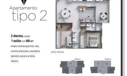 Unidade 1º andar - Apto 2dorm/1Suíte - 69,00m²- Praia das Palmeiras - Caraguatatuba-SP