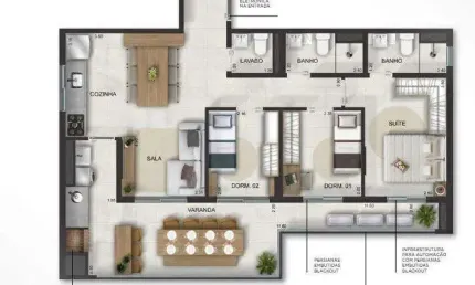 Unidade 1º andar - Apto 3dorm/1suíte - 85,58m² - Massaguaçu - Caraguatatuba-SP