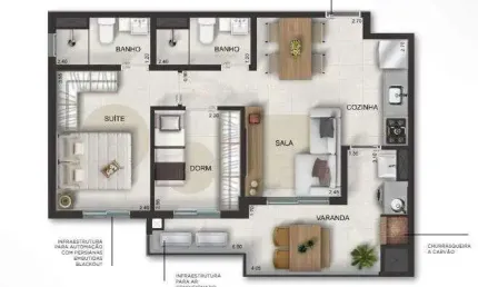Unidade 1º andar - Apto 2dorm/1suíte - 55,86m² - Massaguaçu - Caraguatatuba-SP