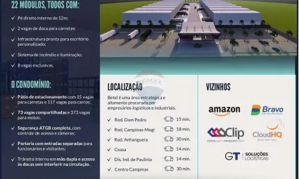 Condominio com galpões industriais  com 22 unidades de galpões sendo 04 (quatro) deles com 939,47m² e outros 18 (dezoito) com 926,00m²