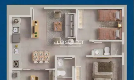 Apartamento com dois quartos, sendo uma suíte e varanda gourmet.