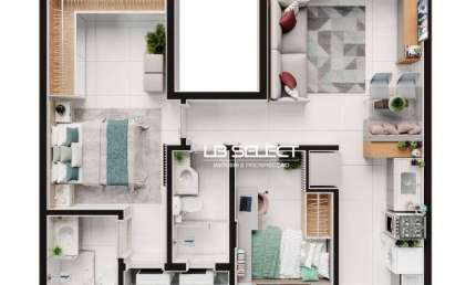 Apartamento com dois quartos, uma suíte com closet e duas vagas de garagem.