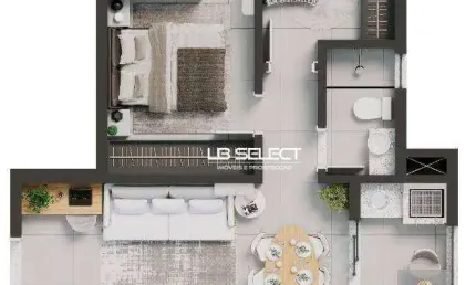 Apartamento com dois quartos, uma suite, banheiro social, sala, cozinha e varanda gourmet (opcional).