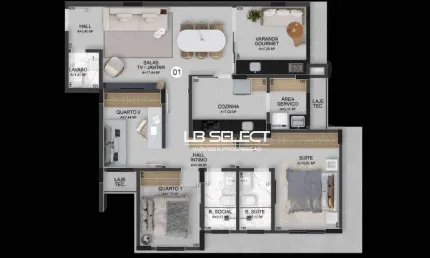 Apartamento com três quartos, uma suite, sala em dois ambientes, varanda gourmet e duas vagas de garagem.