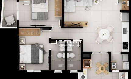 Apartamento com dois quartos, uma suíte e área gourmet.