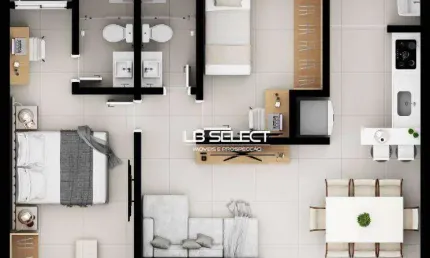 Apartamento com dois quartos, uma suite, sacada e vaga para dois carros.