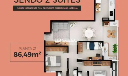 Apartamento com três quartos, duas suites e área gourmet.