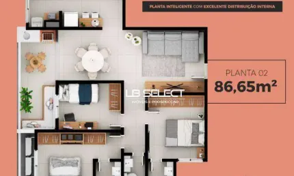 Apartamento com três quartos, duas suites, e área gourmet.