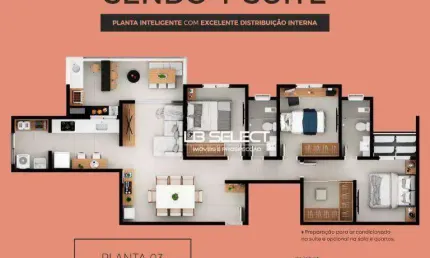 Apartamento com três quartos, duas suites, varanda gourmet com churasqueira.