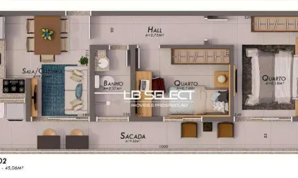 Apartamento no bairro Umuarama com dois quartos, sala com sacada e uma vaga de garagem.
