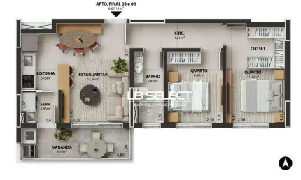 Apartamento no Parque Una com dois quartos, banheiro social e uma vaga de garagem.