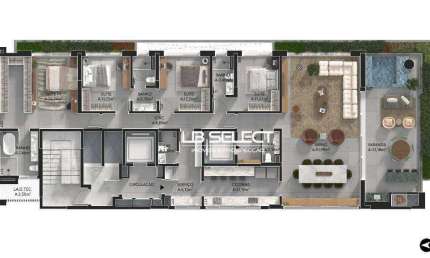 Apartamento no Parque Una com quatro suítes e varanda com piscina e churrasqueira.