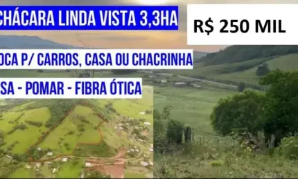 [124876]  CHÁCARA 3,3HA CASA  POMAR FIBRA ÓTICA LINDA VISTA TROCA POR CARROS,  CASA NA CIDADE OU CHACRINHA