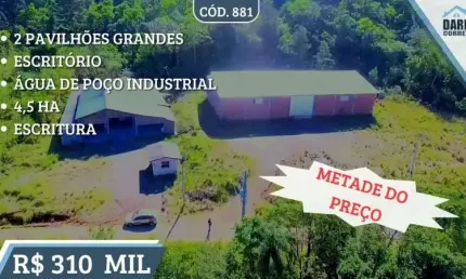[881] IMÓVEL INDUSTRIAL 4,5 HA ESCRITURA, EM TAQUARA, 2 PAVILHÕES, POÇO INDUSTRIAL