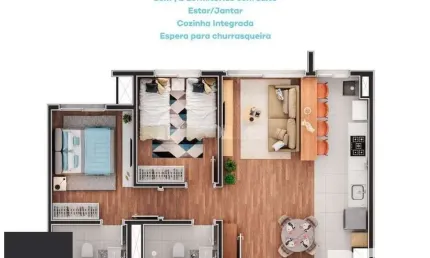 Apartamento de 2 dormitórios, suíte e espera para churrasqueira ou lareira.