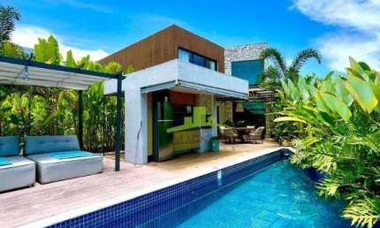 Casa de 340m² em Alphaville Litoral Norte 1, 4 suítes, conceito aberto, totalmente mobiliada, área gourmet, automação completa, R$ 2.900.000,00