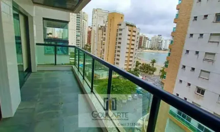 Apartamento alto padrão com 3 dormitórios sendo 1 suíte + dormitório de serviço, lazer no condomínio e vista lateral do mar na praia da Pitangueiras-Guarujá/SP.