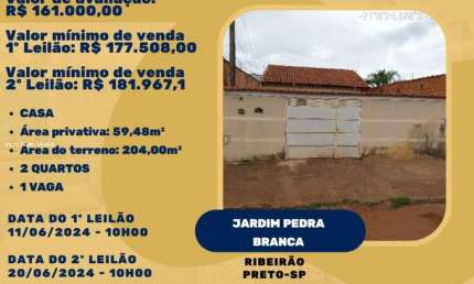 Casa para Venda em Ribeirão Preto, Jardim Pedra Branca, 2 dormitórios, 1 banheiro, 1 vaga