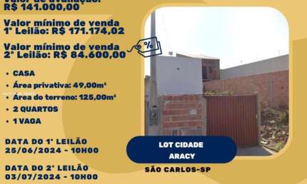 Casa para Venda em São Carlos, Cidade Aracy, 2 dormitórios, 1 banheiro, 1 vaga