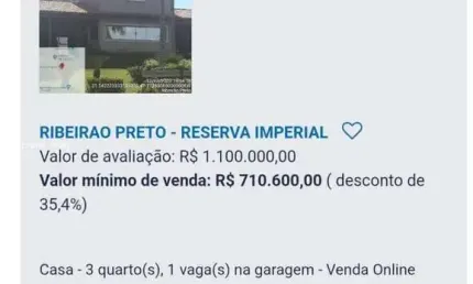 Casa para Venda em Ribeirão Preto, Reserva Imperial, 3 dormitórios, 1 vaga