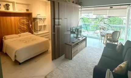 Flat para locação no home design, contendo 49m², 1 dormitório, 1 vaga de garagem e mobília completa.