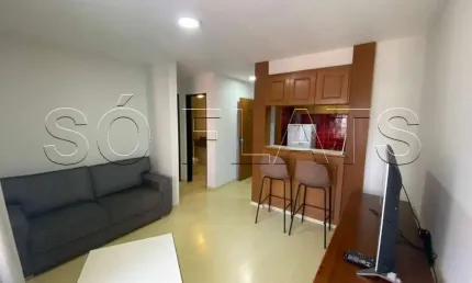 Flat mobiliado com 42m² com quarto, sala, cozinha completa e banheiro, a 200 m da Av. Paulista.