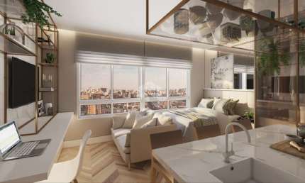 Studio com 30m² mobiliado e churrasqueira no Moinhos de Vento com vaga coberta e infra estrutura.