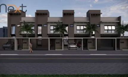 Sobrados geminados, que variam de 100 m² a 117 m² , com design moderno e funcionalidade.