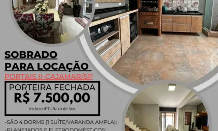 Sobrado para locação, móveis e eletrodomésticos, 4 dorms, suíte,  3 vagas, área gourmet, em Portais II, Cajamar/SP