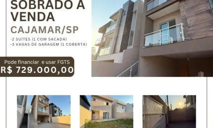 Sobrado para venda, 2 suítes, 3 vagas (1coberta), em Portais III, Cajamar/SP, nunca habitado, por 729 mil, aceita financiamento bancário e FGTS